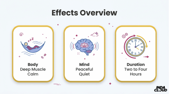 Aurora Indica Strain: Review, Effects &Amp; Origins 3 Aurora Indica Effects Overview Chart Showing Deep Muscle Calm For Body, Peaceful Quiet Mind Effects, And Two To Four Hour Duration