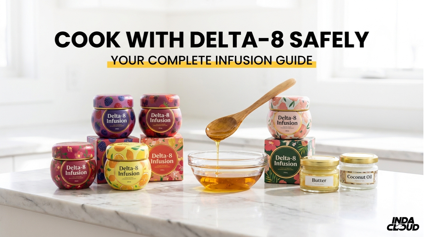 Delta 8 cooking guide showing safe infusion methods using butter coconut oil and Delta 8 products for homemade edibles and recipes