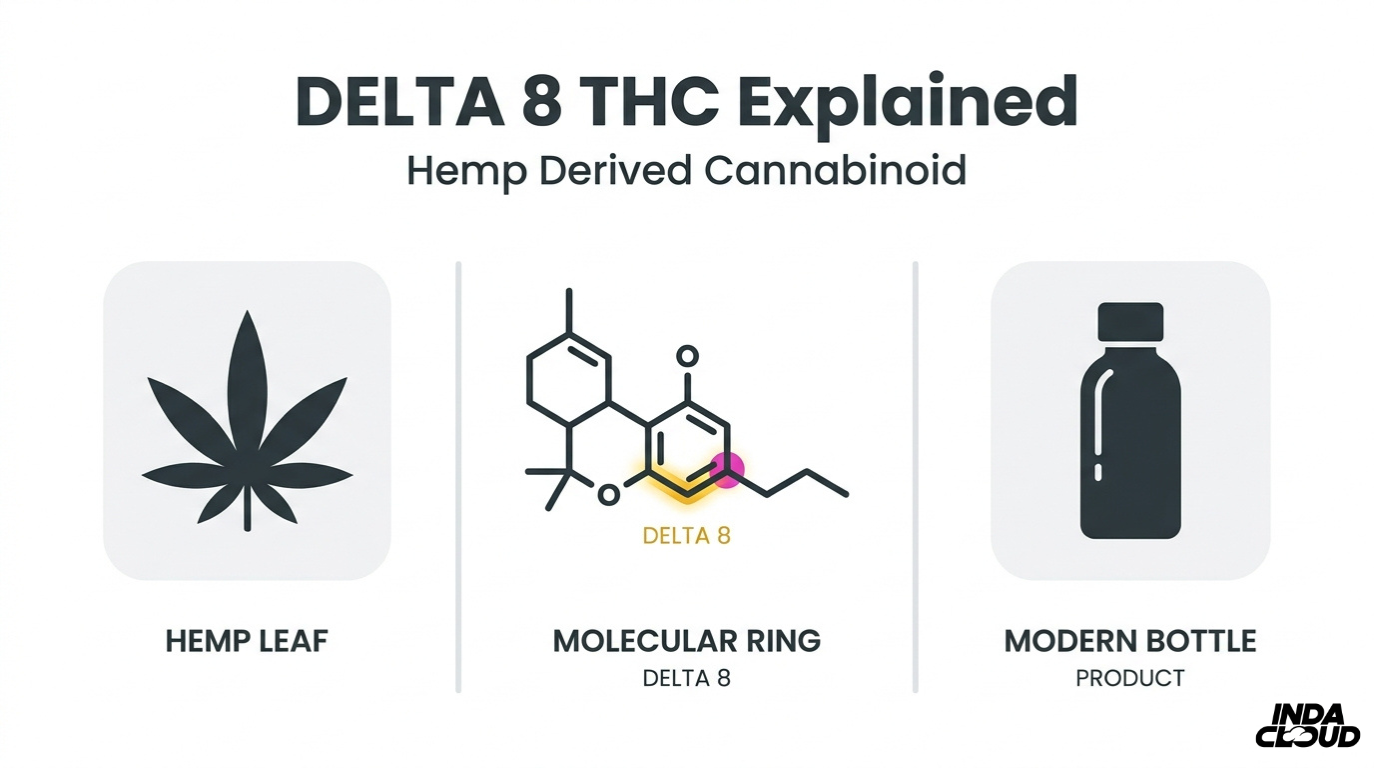 Delta 8 THC explained infographic showing hemp derived cannabinoid structure molecular ring and product bottle with overview of Delta 8 composition