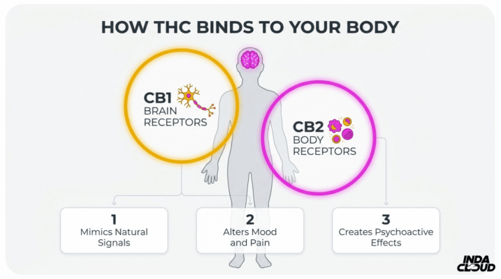 What Is Thc? Complete Guide To Types, Effects, Products, Potency, Safety, And Legality 1 Diagram Showing How Thc Binds To Cb1 Brain Receptors And Cb2 Body Receptors To Create Psychoactive Effects