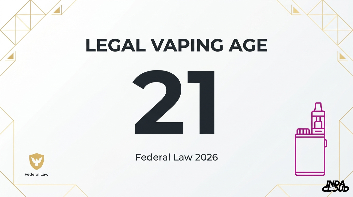 Infographic showing the legal vaping age in the United States as 21 under federal law for 2026