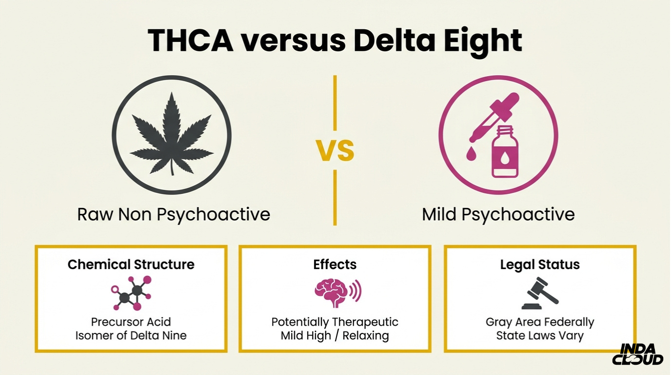 THCA versus Delta 8 comparison showing raw non psychoactive THCA versus mildly psychoactive Delta 8 including effects chemical structure and legal status differences